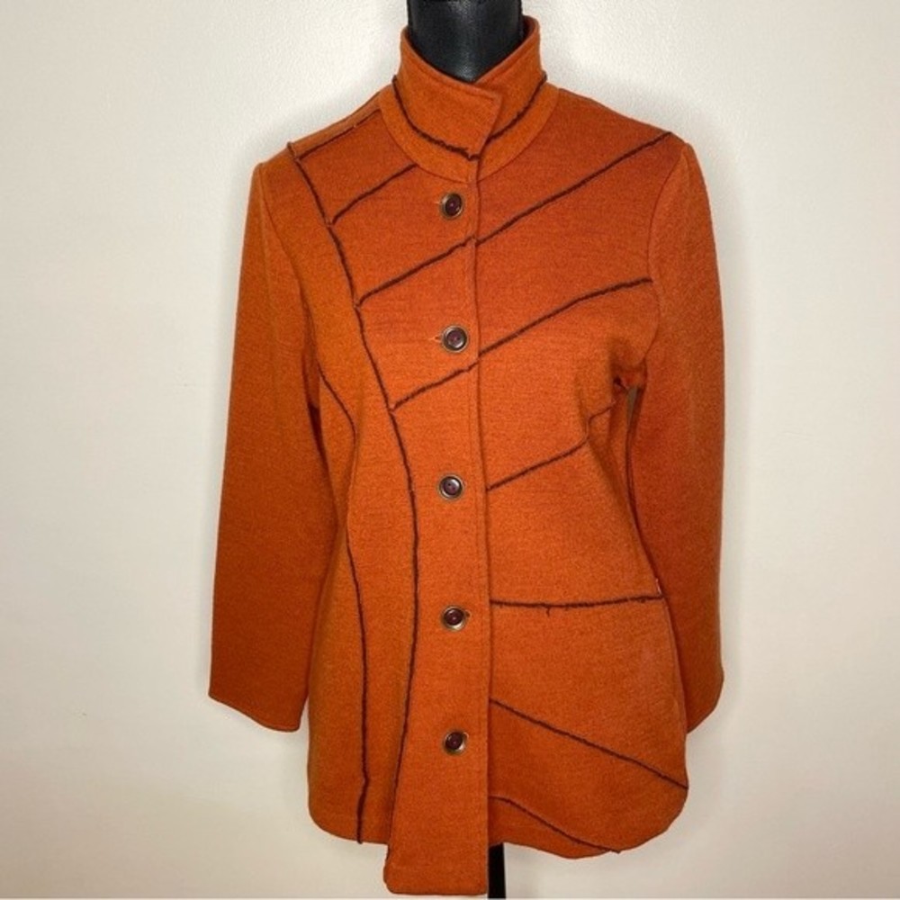 Icelandic Design Sweater Cardigan Orange Button Front Wool Zip Pockets Medium
